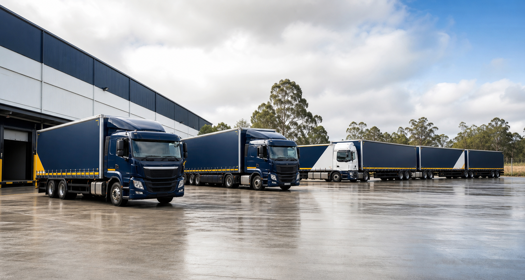 Mixed freight vehicles staged at a modern logistics yard